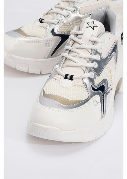Duja Beyaz Gümüş Multi Fileli Kadın Kalın Taban Spor Sneakers modelleri