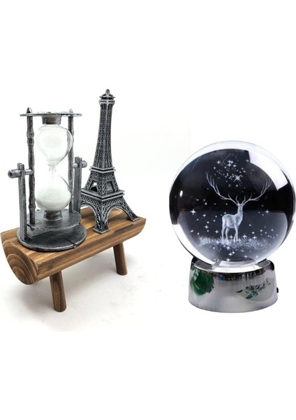 Kişiye Özel Eyfel Kulesi Paris Ahşap Kum Saati ve Kristal Küre Geyik LED Gece Lambası 5 Renk Hediye Seti