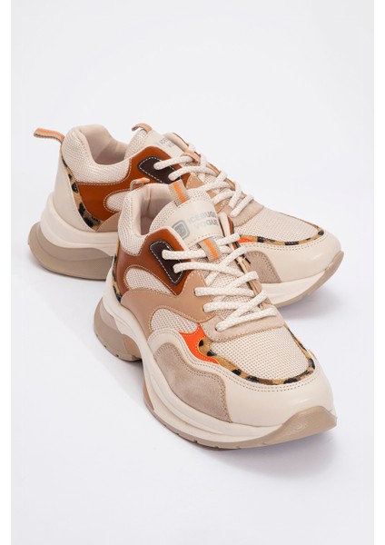 Crown Bej Taba Bağcıklı Kadın Kalın Taban Spor Sneakers