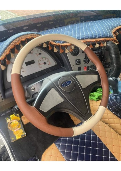 Dikişli Deri Direksiyon Kılıfı 66 Taba/bej Deri Siyah Dikişli Ford 3230 S Için Hızlı Kargo