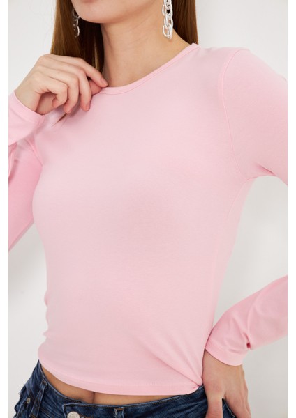 Crop Uzun Kol Elastanlı Tişört Pembe