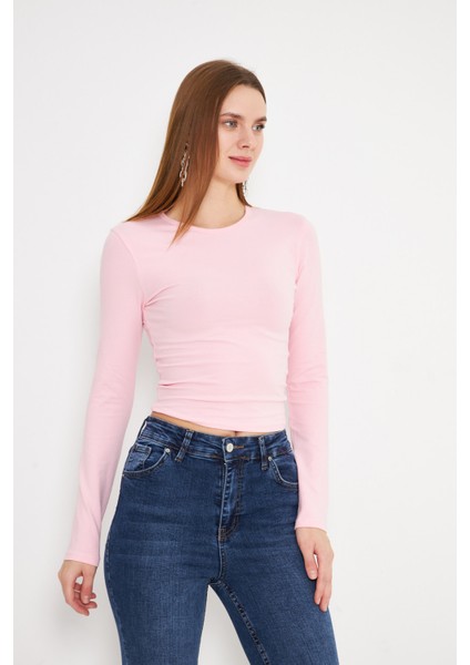 Crop Uzun Kol Elastanlı Tişört Pembe