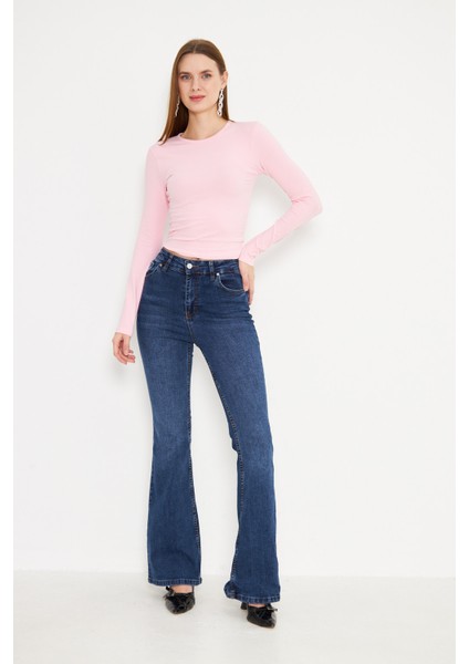 Crop Uzun Kol Elastanlı Tişört Pembe