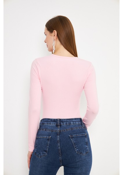 Crop Uzun Kol Elastanlı Tişört Pembe