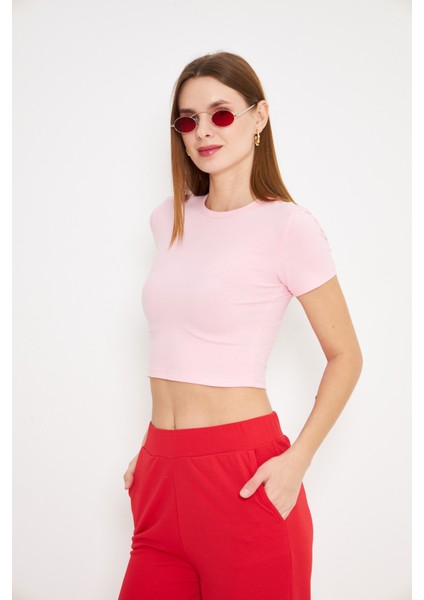 Elastanlı Crop Kısa Kol Tişört Pembe
