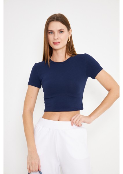 Elastanlı Crop Kısa Kol Tişört Lacivert