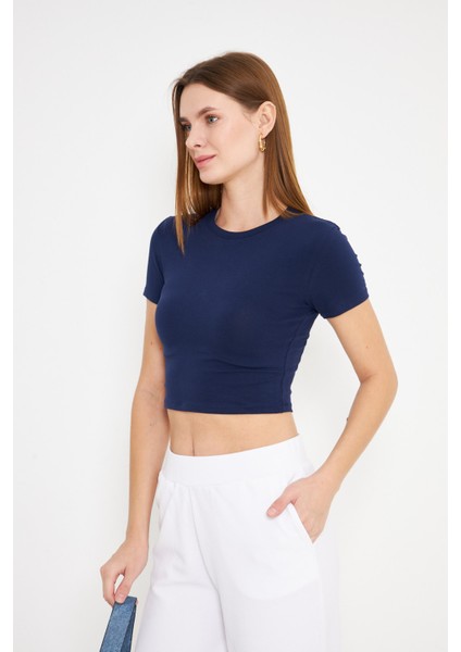 Elastanlı Crop Kısa Kol Tişört Lacivert