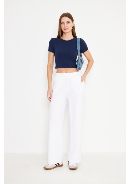 Elastanlı Crop Kısa Kol Tişört Lacivert