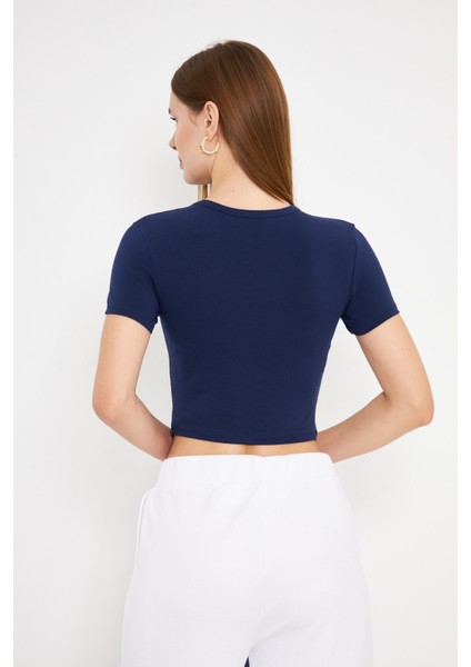 Elastanlı Crop Kısa Kol Tişört Lacivert