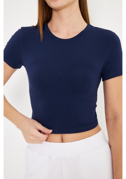 Elastanlı Crop Kısa Kol Tişört Lacivert