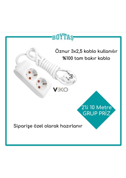 2'li 10 Metre Grup Priz-Beyaz (Öznur 3*2,5 Kablo Kullanılır) / Fırın ve Isıtma İçin Özel Hazırlanır