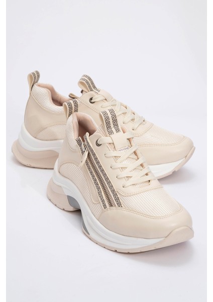 Oude Ekru Kadın Fermuarlı Kalın Taban Spor Sneakers