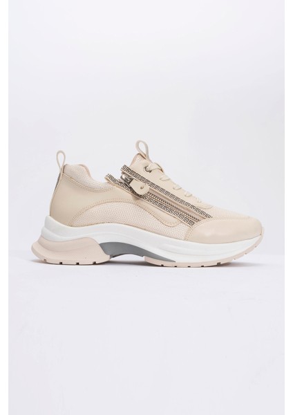 Oude Ekru Kadın Fermuarlı Kalın Taban Spor Sneakers fırsatları