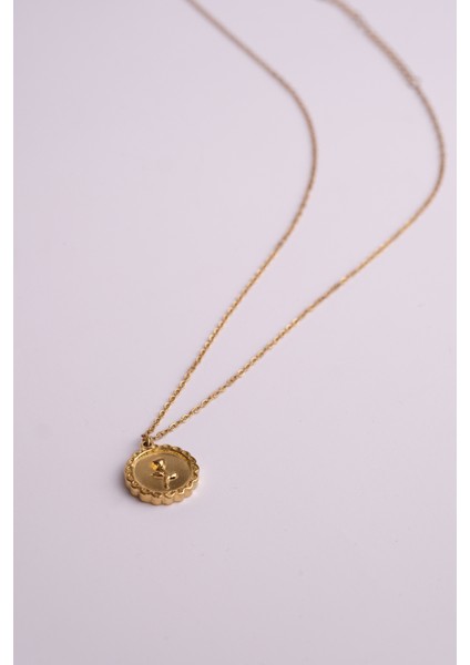 Paslanmaz Çelik Vintage Gül Desenli Yuvarlak Gold Kaplama Kolye