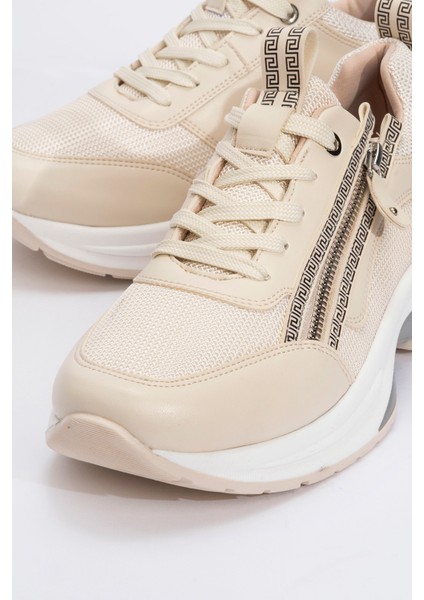 Oude Ekru Kadın Fermuarlı Kalın Taban Spor Sneakers