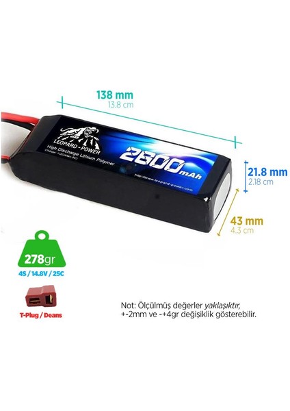 Leopard Power 2600 mAh 14.8V 4S 25C Lityum Polimer Lipo Batarya Pil T Plug