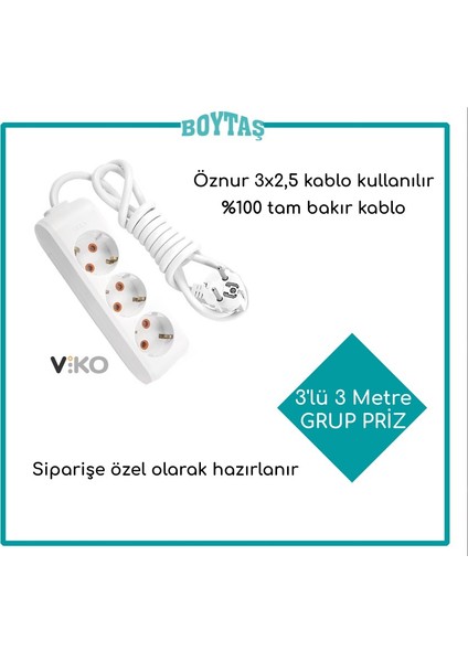 3'lü 3 Metre Grup Priz-Beyaz (Öznur 3*2,5 Kablo Kullanılır) / Fırın ve Isıtma İçin Özel Hazırlanır
