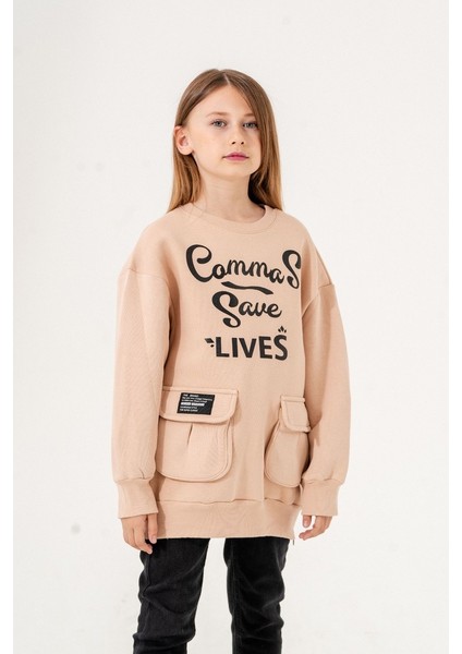 Kız Çocuk Cepli Önünde Baskısı Olan Üç Iplik Sweat G4533