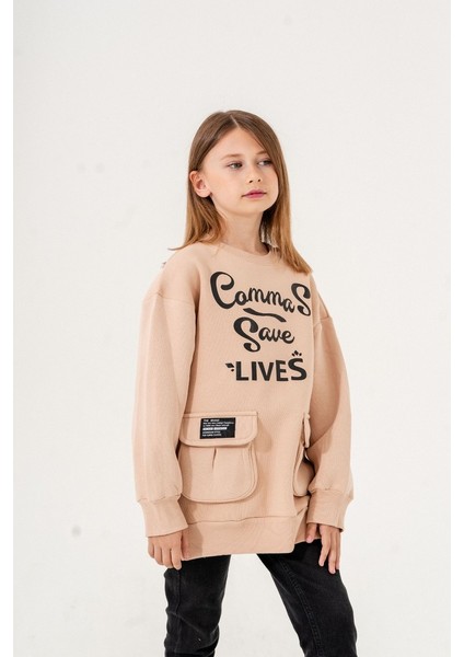 Kız Çocuk Cepli Önünde Baskısı Olan Üç Iplik Sweat G4533 modelleri