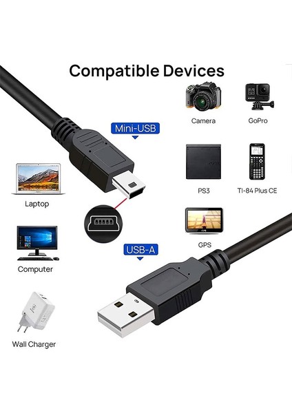5 Pin Mini USB Kablo Mp3 Fotoğraf Makinesi Kamera HDD Harddisk Navigasyon Kablosu