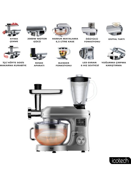 SM50 Gümüş LED Ekranlı Hamur Mayalama Kıyma Çekme Blender 2000W 6,5 Litre Stand Mikser Mutfak Şefi Hamur Yoğurma Makinesi