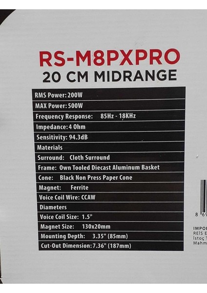 Reiss Audio 20 cm Midrange RS-M8PX Pro Series Kapaklı Çifti Değeri 1000 Wat 400 Rms Takım Fiyatı indirimleri