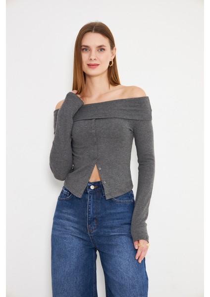 Kayık Yaka Uzun Kollu Kadın Omuzu Açık Sweatshirt Gri Melanj Antrasit modelleri