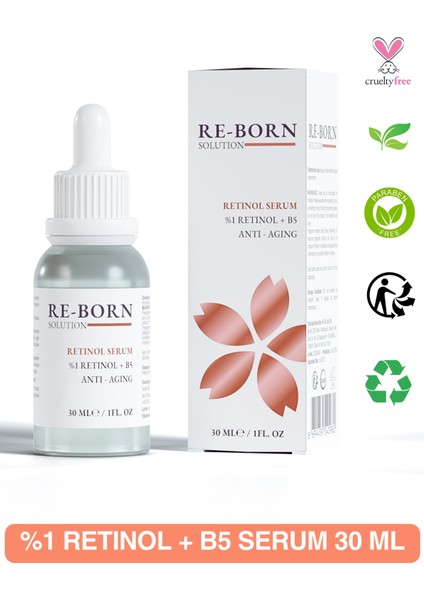 ReBorn Solution Yaşlanma, Karşıtı, Onarıcı Retinol (A Vitamini) Gece Serumu 30 ml (1% Retinol + B5)