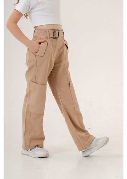 Kız Çocuk Yan Cepli Kemerli Keten Pantolon G2551