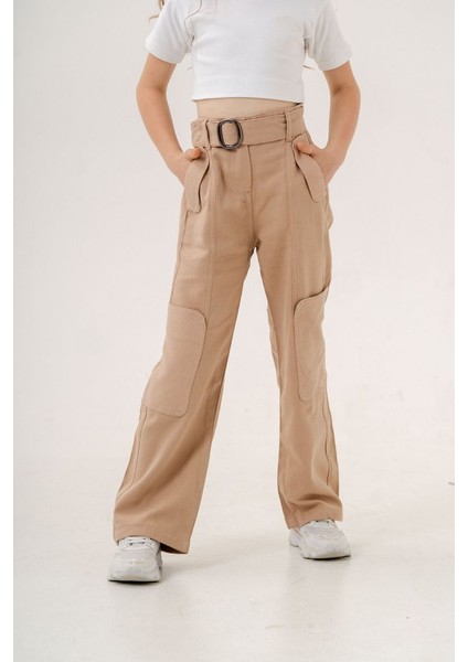 Kız Çocuk Yan Cepli Kemerli Keten Pantolon G2551 fiyatları