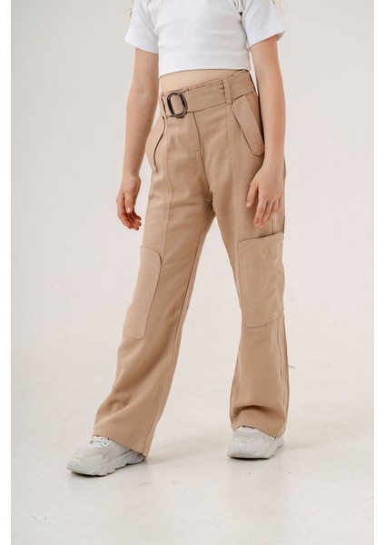 Kız Çocuk Yan Cepli Kemerli Keten Pantolon G2551 modelleri