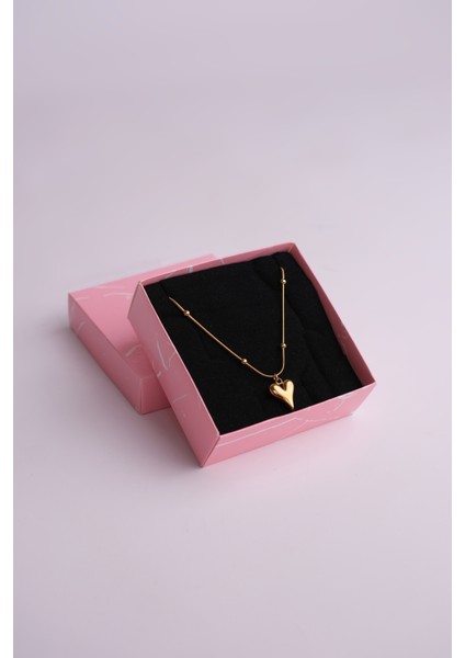Paslanmaz Çelik 2’li Kolye Seti Dorika Zincirli Kalp Model- Italyan Zincir 45 cm Gold Kaplama Kolye