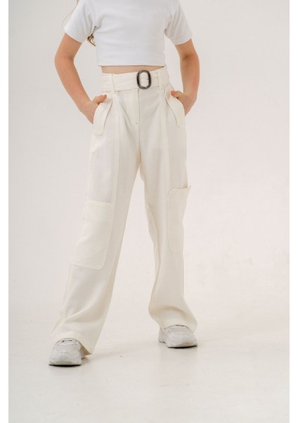 Kız Çocuk Yan Cepli Kemerli Keten Pantolon G2551