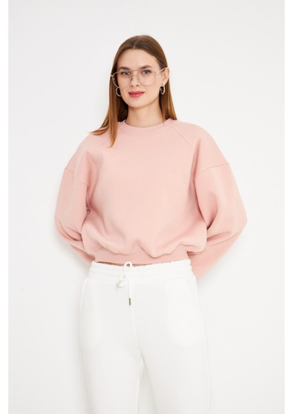 Kadın Bisiklet Yaka Sweatshirt Pembe