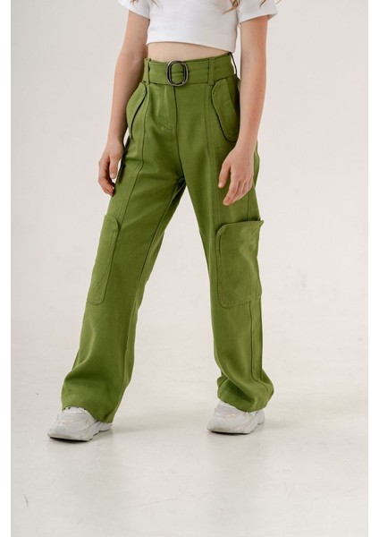 Kız Çocuk Yan Cepli Kemerli Keten Pantolon G2551 fiyatları