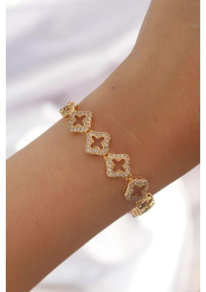 Pirinç Gold Renk Zirkon Taşlı Içi Boş Yonca Figürlü Model Bileklik fiyatları