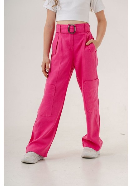 Kız Çocuk Yan Cepli Kemerli Keten Pantolon G2551