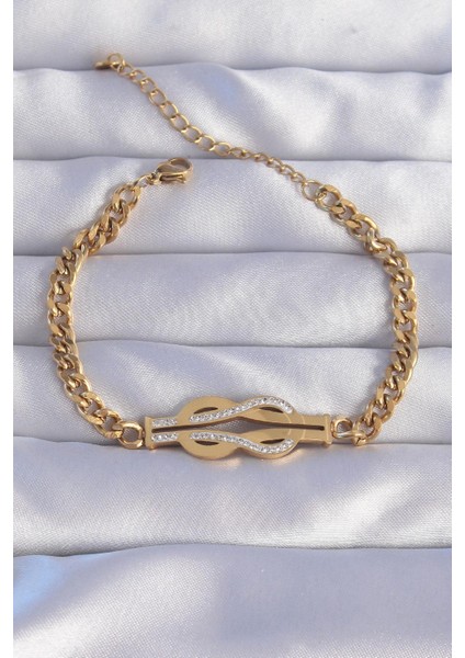 316L Çelik Gold Renk Zirkon Taşlı Kemer Tokası Model Zincir Bileklik