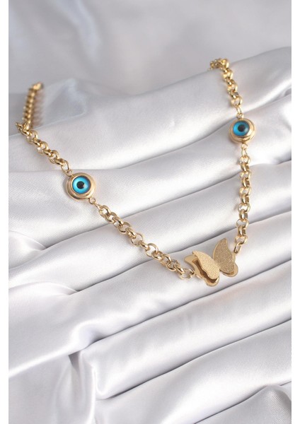 316L Çelik Gold Renk Simli Kelebek Figür Nazar Boncuk Detay Kadın Kolye fiyatları