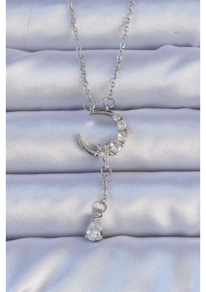 316L Çelik Gümüş Renk Zirkon Taşlı Sallantılı Ay Figür Kolye