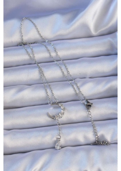 316L Çelik Gümüş Renk Zirkon Taşlı Sallantılı Ay Figür Kolye fiyatları