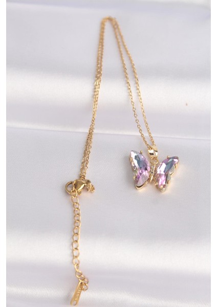 316L Çelik Zincir Altın Renk Zincir Lila Kelebek Model Renkli Zirkon Taşlı Kolye fiyatları