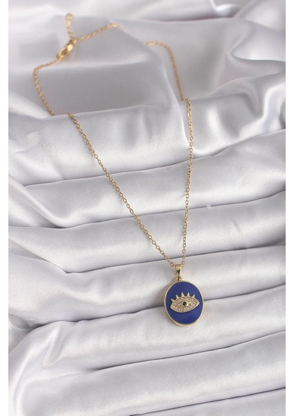 316L Çelik Gold Renk Zincir Mavi Mineli Zirkon Taşlı Göz Işleme Kadın Kolye fiyatları