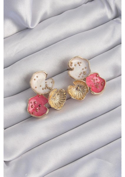 Pirinç Gold Renk Pembe Mineli 3lü Orkide Küpe