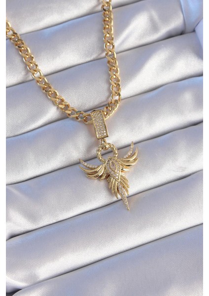 316L Çelik Gold Renk Zirkon Taşlı Anka Kuşu Model Kolye