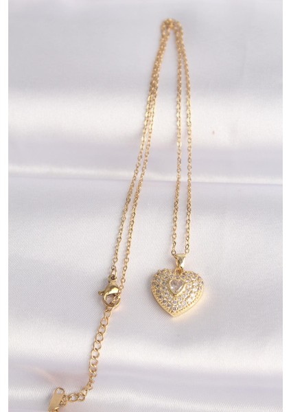 316L Çelik Zincir Altın Renk Zirkon Taşlı Kalp Kolye fiyatları