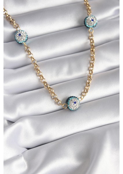 316L Çelik Gold Renk Taşlı Nazar Boncuklu Kadın Kolye