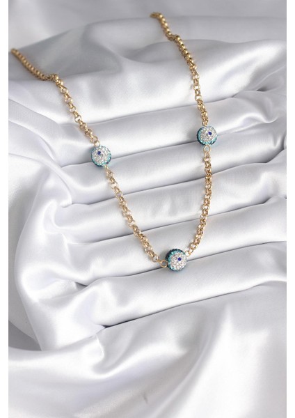 316L Çelik Gold Renk Taşlı Nazar Boncuklu Kadın Kolye fiyatları