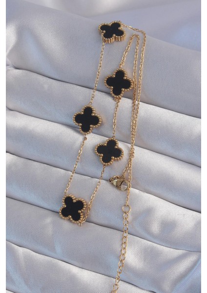 316L Çelik Gold Renk Siyah Mineli Yonca Kolye fiyatları