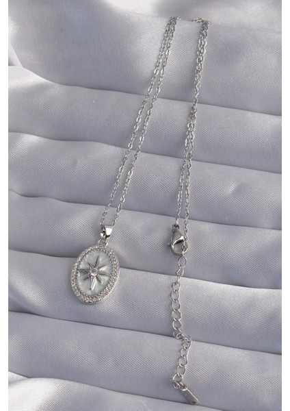 316L Çelik Zincir Gümüş Renk Zirkon Taşlı Kabartmalı Kutup Yıldızı Kolye fiyatları